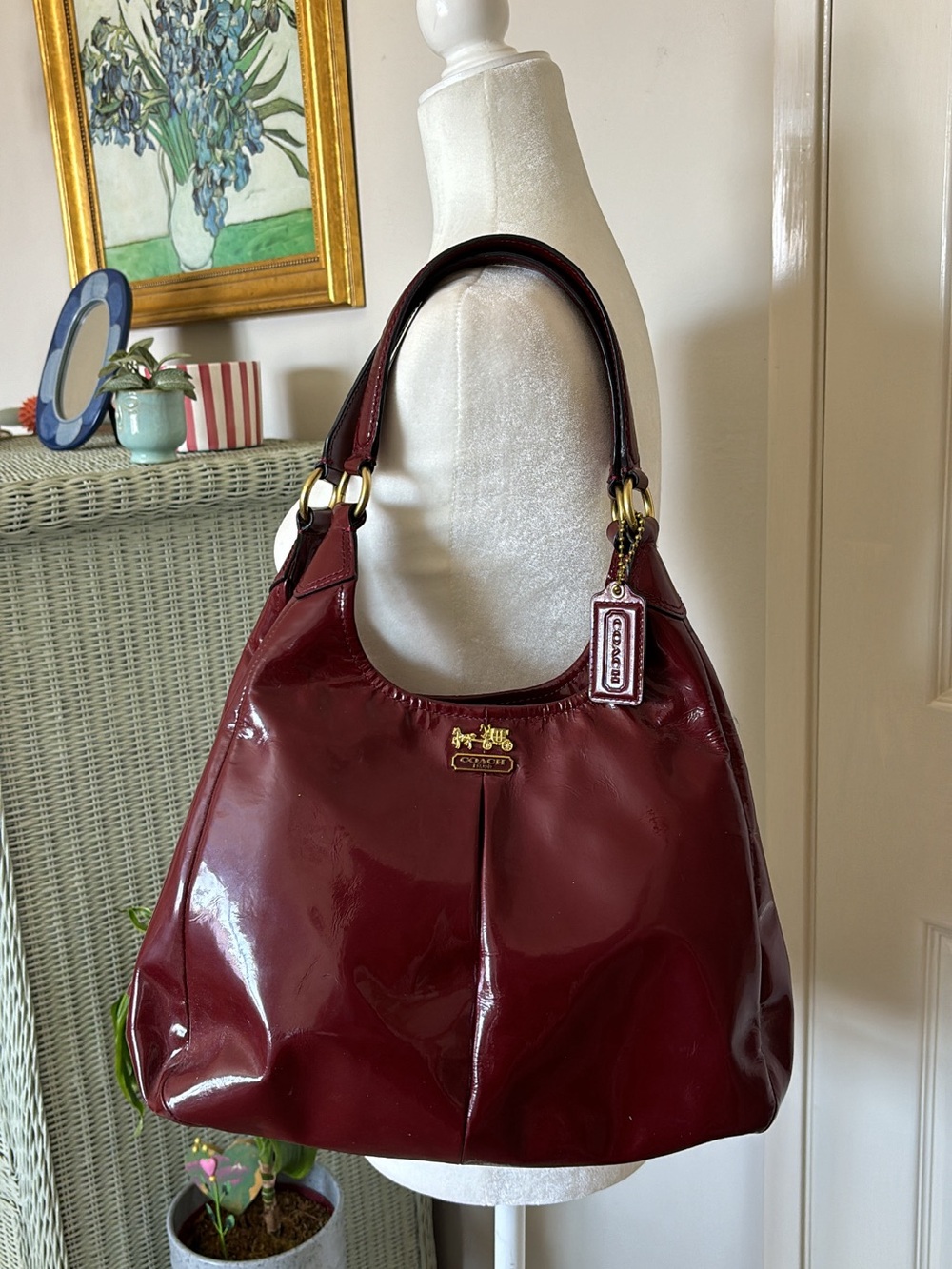 Coach Burgundy Patent Leather Shoulder Bag with Gold Hardware